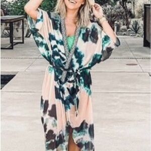 Tie-Dye Beach Coverup Kimono - Pink & Teal